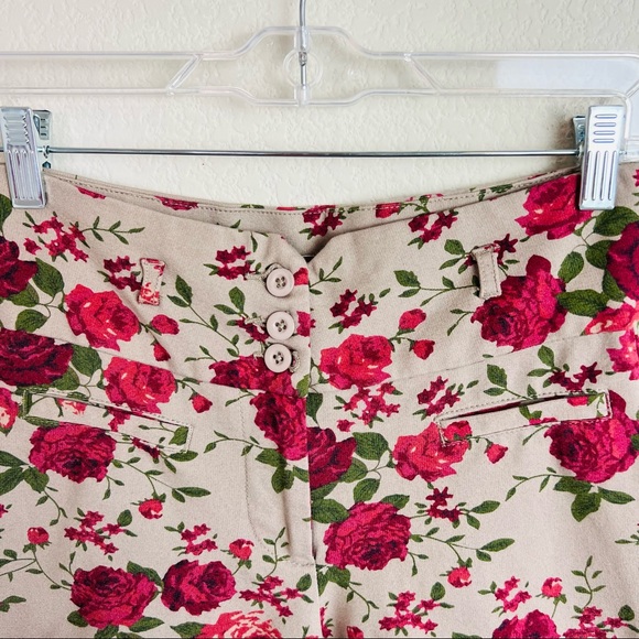 Brown & Pink Floral Tuxedo Button High Waisted Cuffed Shorts - Picture 3 of 8